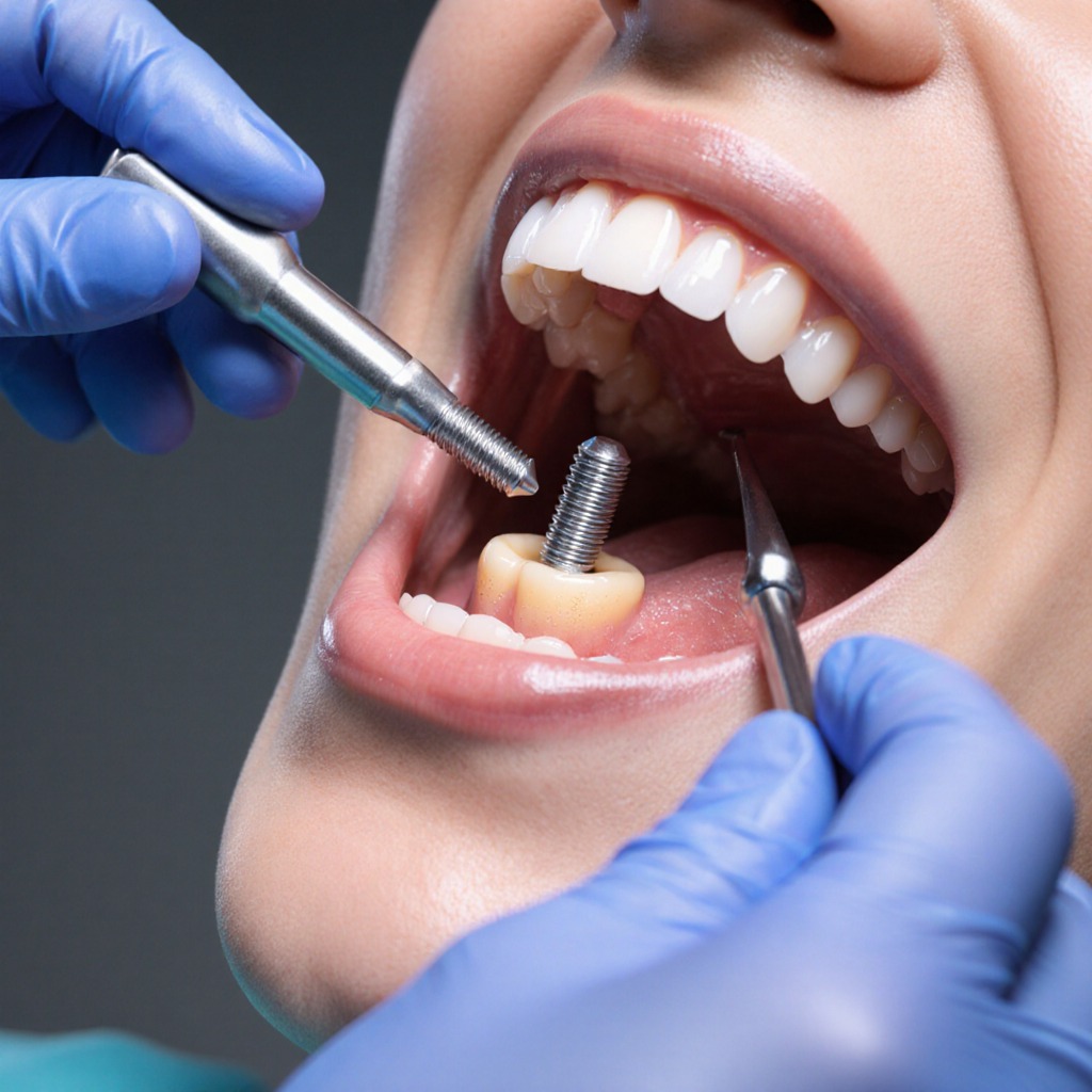 Dental implant parts showing screw crown and abutment
